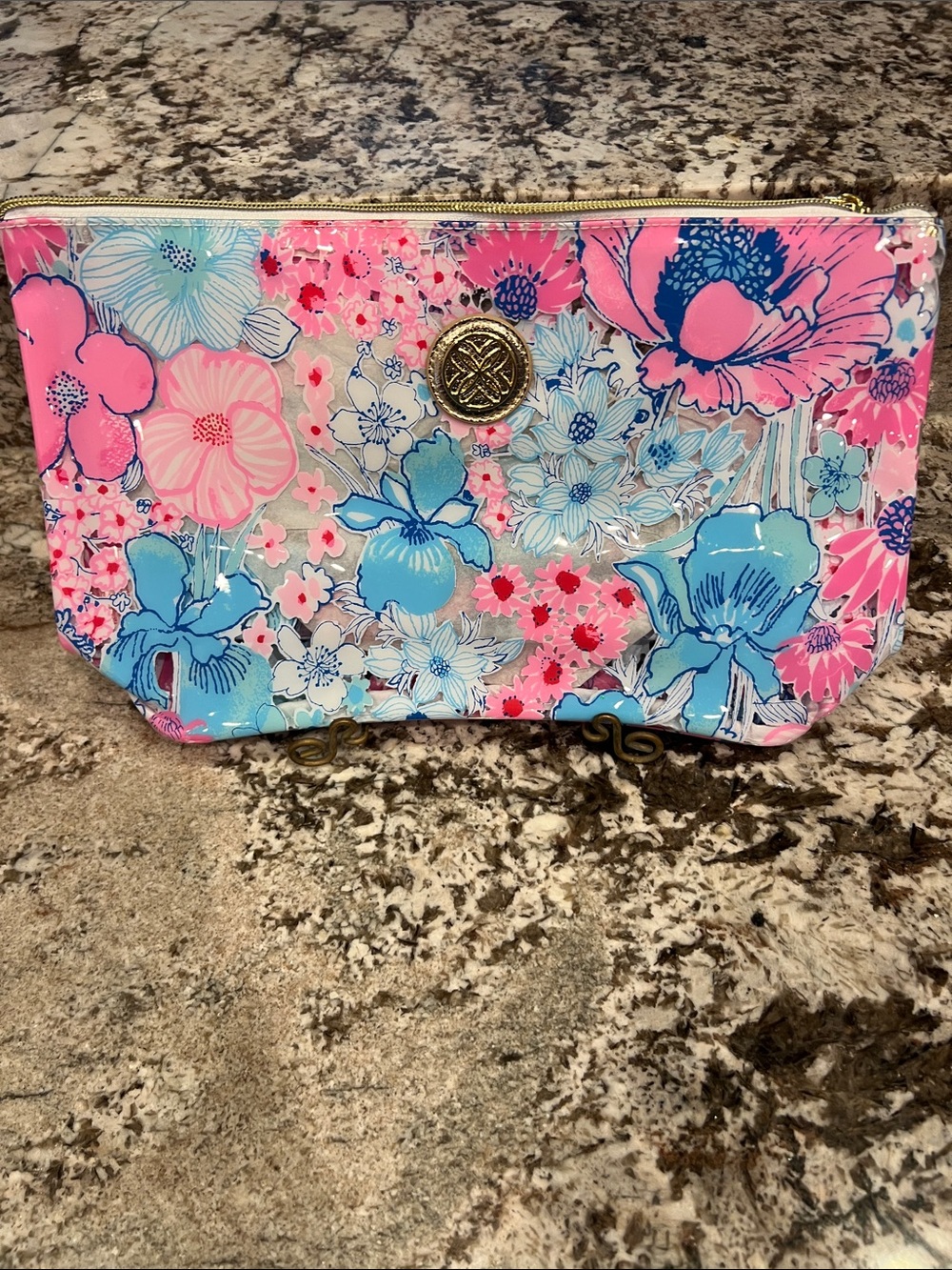 Lilly Pulitzer Pink & Blue Floral Cosmetic Bag with Gold Emblem